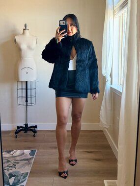 Vintage Real Rabbit Fur Jacket | Black Fur Coat | Hook Closure | High Neck | M